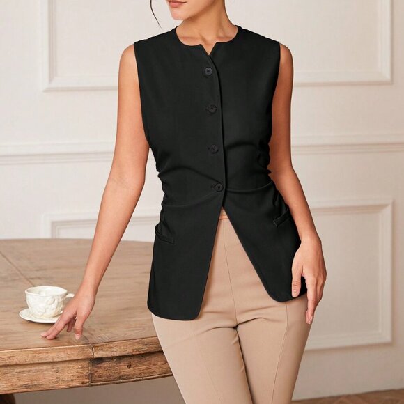 Black Elegant Women's Ladies' Solid Color Sleeveless Suit Vest - Picture 3 of 8